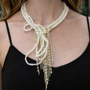 Glamorous Statement Necklace Pearls Rhinestone Dangle Bow Choker
